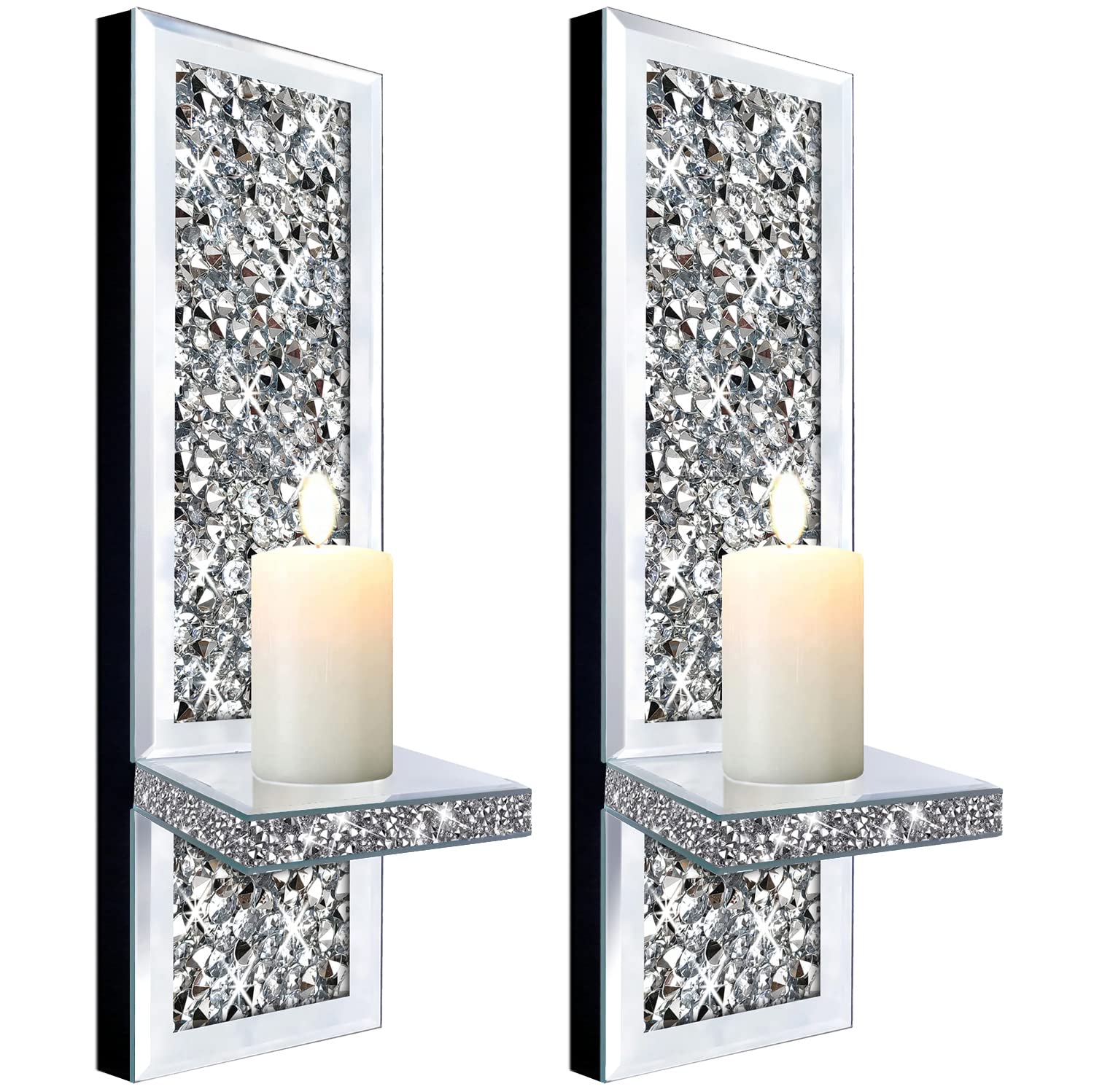 2 Crystal Crush Diamond Candle Sconces for Living Room, Elegant Silver Mirrored Wall Sconce Decorations, Perfect for Hom